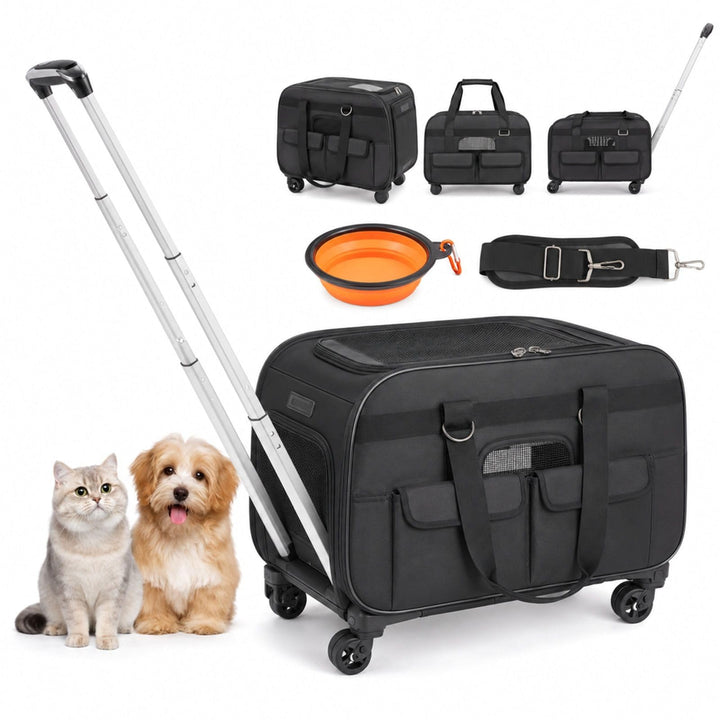 Haustier-Trolley für Hunde und Katzen, schwarz, mit Teleskopgriff, Schultergurt, 4 Rädern, Aufbewahr