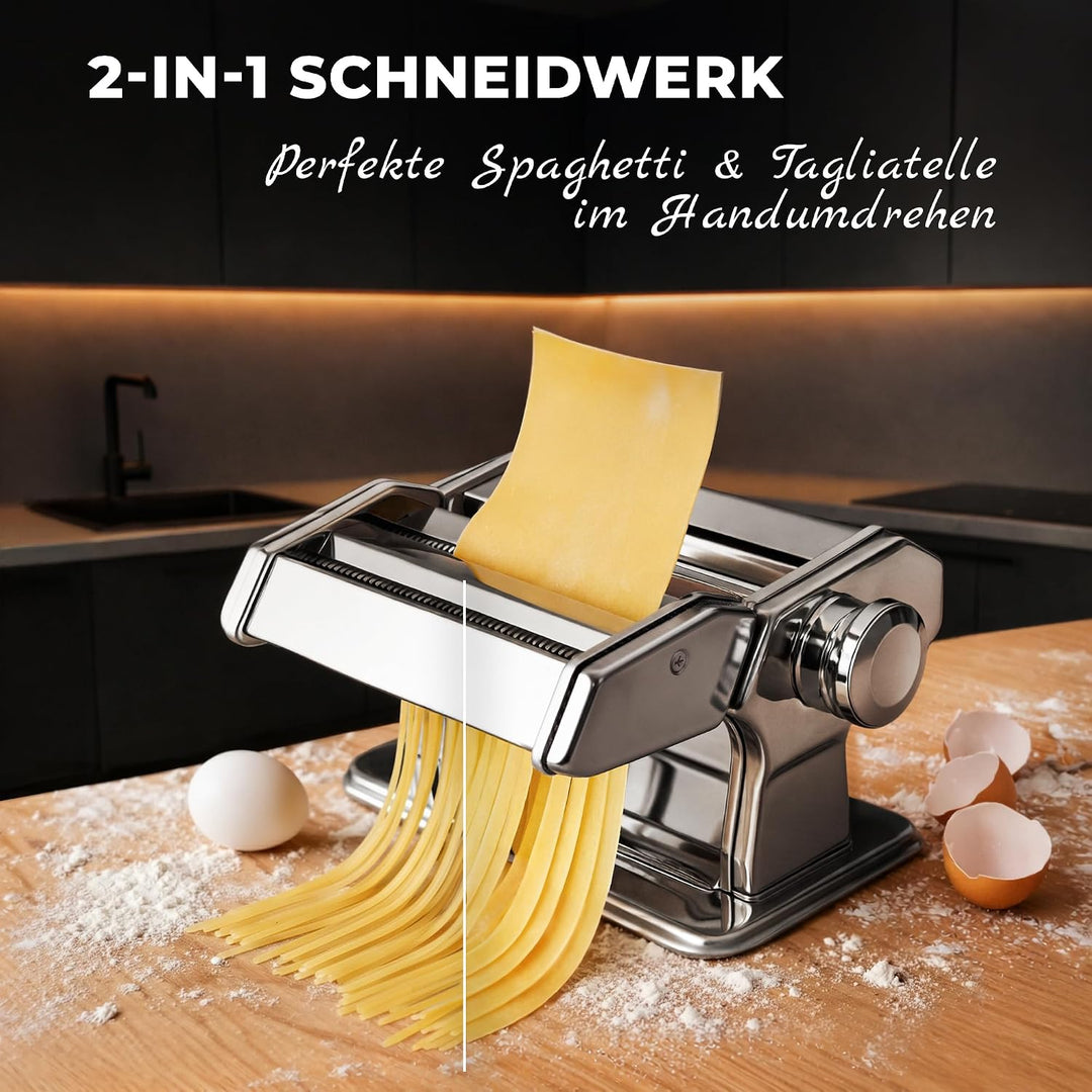 Allyson® Nudelmaschine Manuell Edelstahl – Pastamaschine mit 9 Einstellbaren Stärken &amp; Tischklemme –