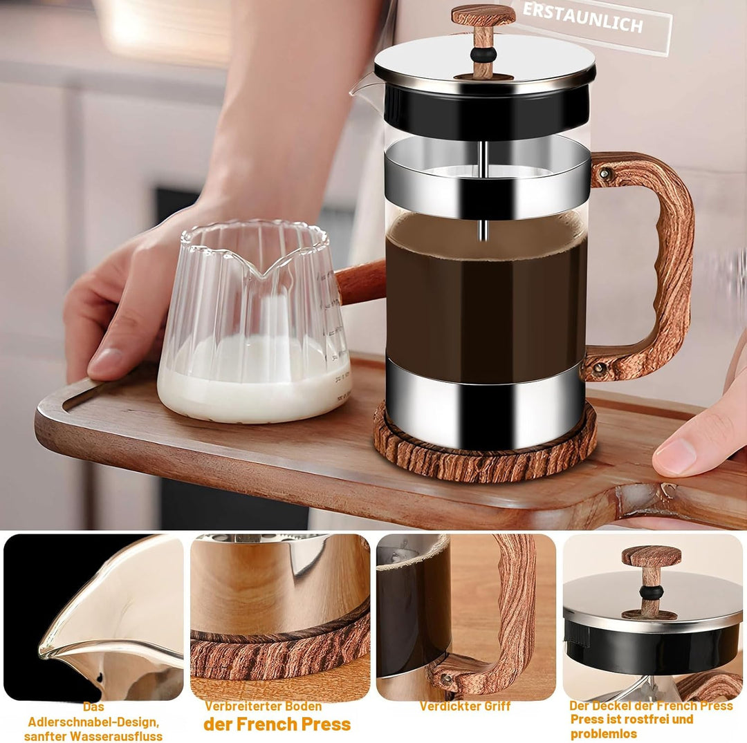 French Press Kaffeebereiter, 1000 ml Klein Kaffeepresse aus Edelstahlfilter und hitzebeständigem Gla