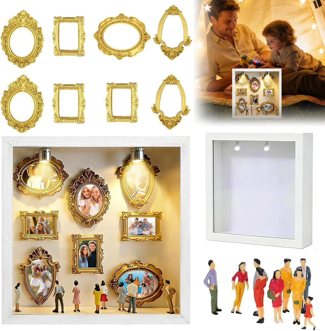 DIY Mini Museum Bilderrahmen mit LED Licht, Silhouettenbox Set mit 8 Mini Goldrahmen &amp; Figuren, 3D E