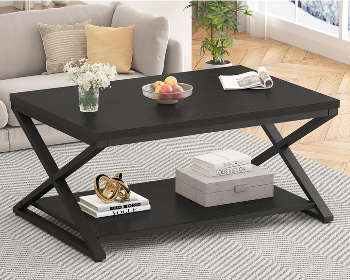 HSH Couchtisch Holz Schwarze Wohnzimmertisch mit Ablagen Moderner Sofatisch mit Stauraum Stabiler Ka