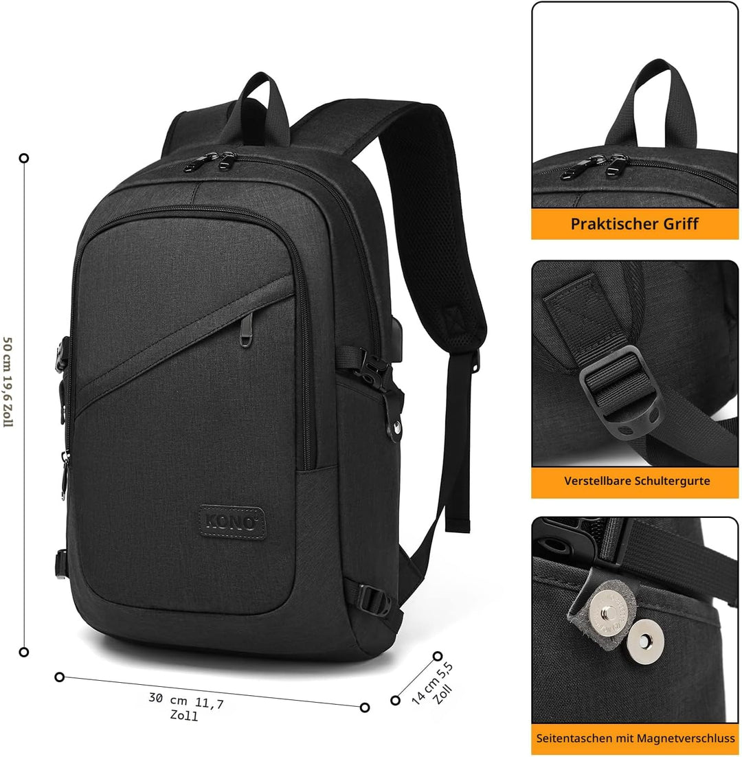 Kono Laptop-Rucksack Diebstahlsicherung Reisen Geschäft Arbeiten Computer Schwarz, Schwarz