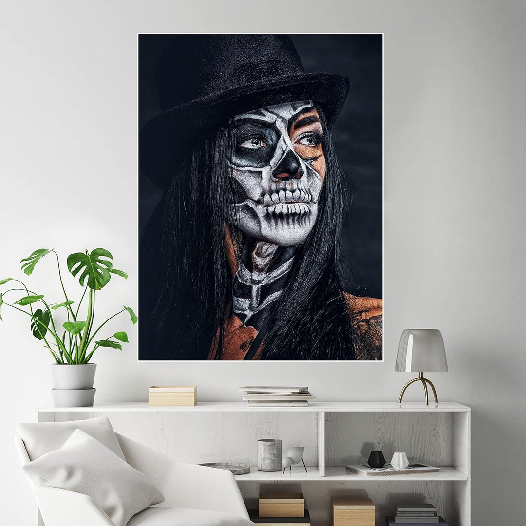 wandmotiv24 Poster als Wanddeko, Grösse 80x60cm, Model mit Totenkopf Makeup, Schminke, Hut, Frau, Mo
