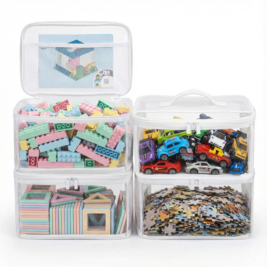 HOLAY Transparente Spielzeug-Aufbewahrungstaschen mit Griff, 4er-Pack Spielzimmer-Organiser für Kind