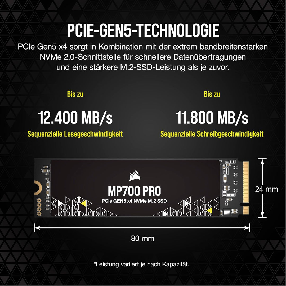Corsair MP700 PRO 1TB M.2 PCIe Gen5 x4 NVMe 2.0 SSD - M.2 2280 - Bis zu 11.700MB/sec Sequentielles L