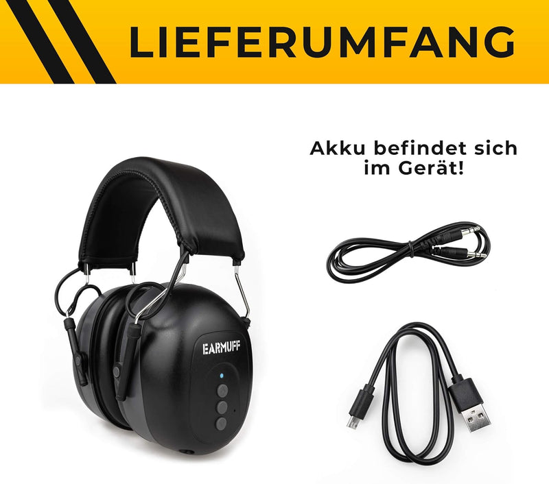 EARMUFF Gehörschutz mit Bluetooth & AUX in schwarz 31dB Dämmung | Musik vom Handy hören | Gehörschut