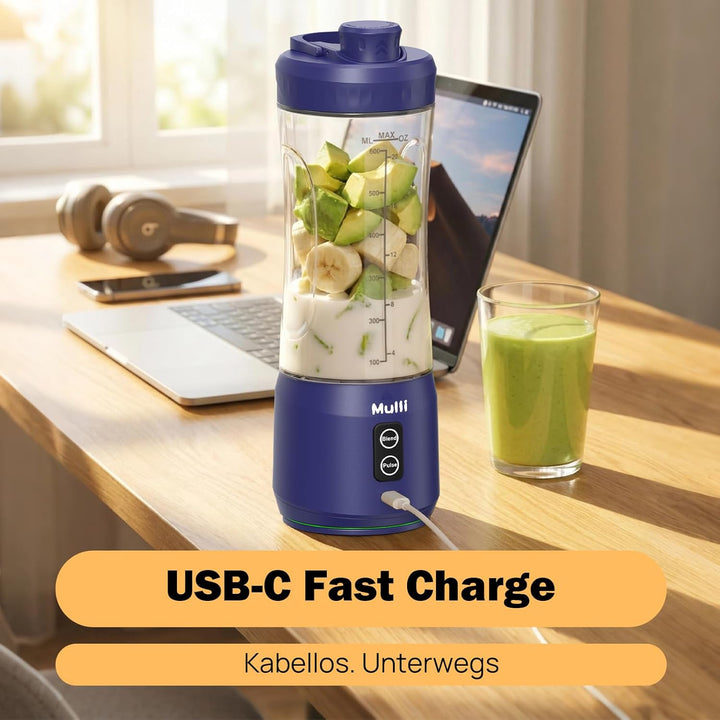 Mulli tragbarer Mixer, kabelloser 600ml Mixbecher für Shakes und Smoothies, persönlicher Mixer, BPA-