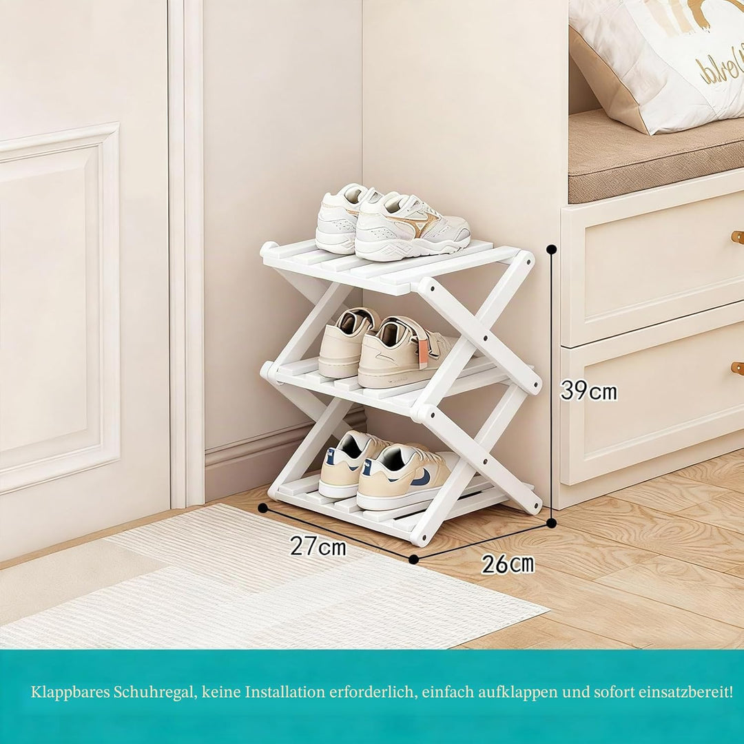 Kleines Schuhregal, weiss, 3 Etagen, Bambus, faltbar, Schuh-Organizer, freistehendes Regal für Einga