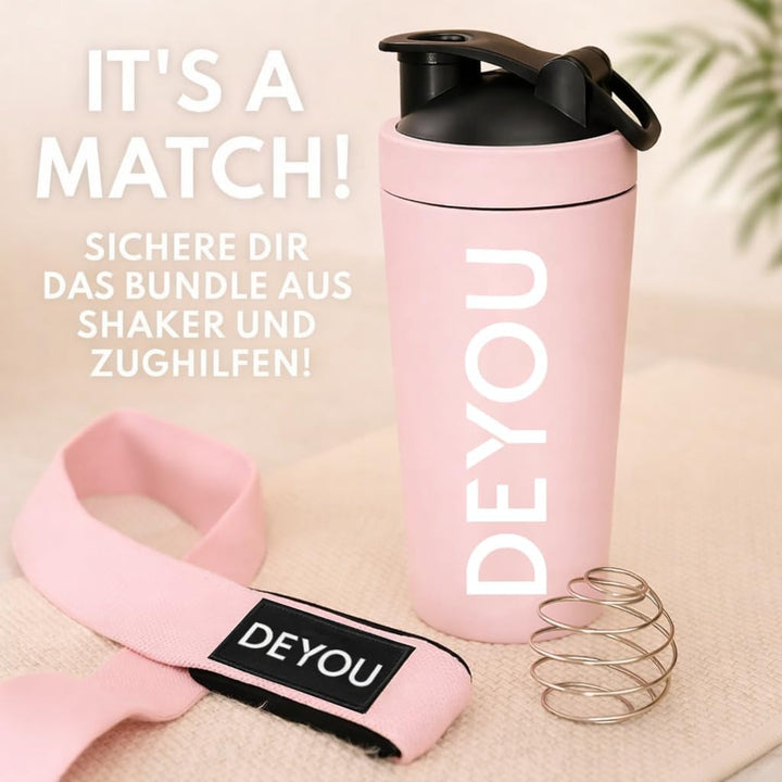 DEYOU Bundle – Edelstahl Shaker 750 ml + Zughilfen mit Polsterung & Meshbag – BPA-frei, Auslaufsiche