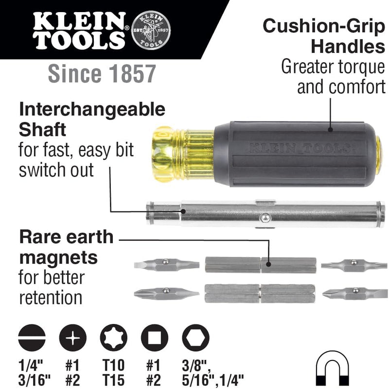 Klein Tools 32500MAG Magnetischer Multi-Bit-Schraubendreher/Steckschlüssel, 11-in-1 Multifunktionswe