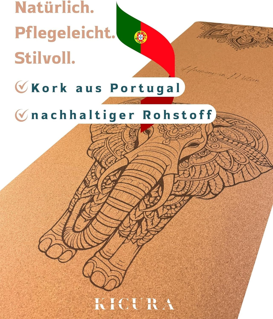 Yoga-Matte aus Kork & Naturkautschuk mit Elefanten-Mandala – rutschfeste Premium-Matte, 4 mm dick, m