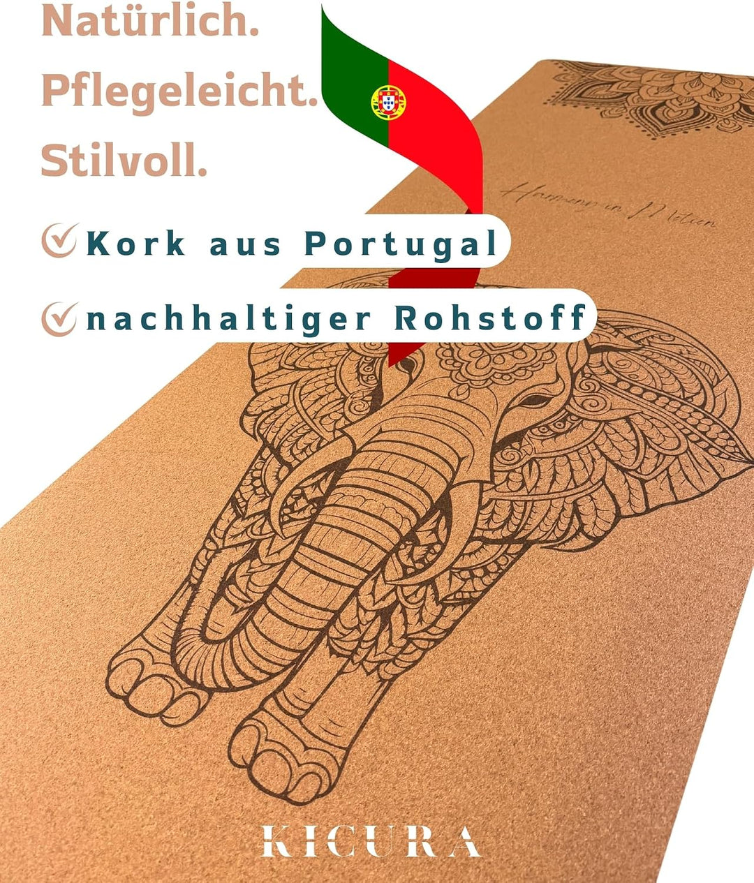 Yoga-Matte aus Kork &amp; Naturkautschuk mit Elefanten-Mandala – rutschfeste Premium-Matte, 4 mm dick, m