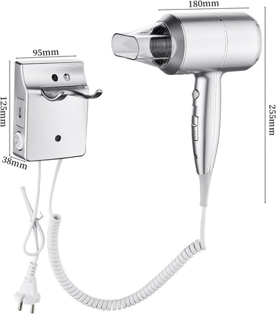 QL Haartrockner Ionen mit Wandhalterung und USB-Steckdose,Föhn mit ThermoProtect Technologie 2000wat