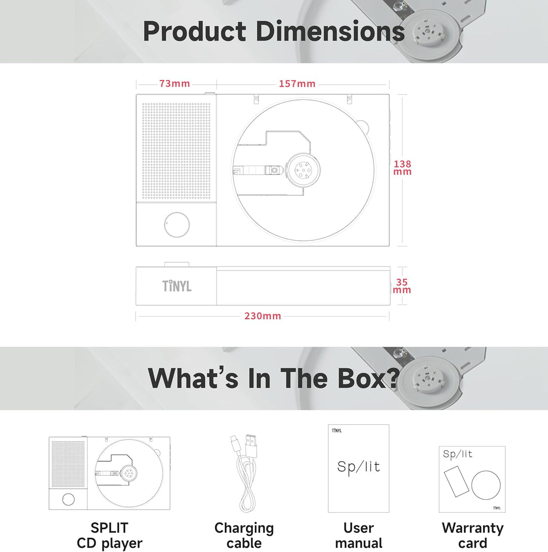 Tinyl Split: 3-in-1-CD-Player, abnehmbarer Bluetooth-Lautsprecher und CD-Player, tragbar, wiederaufl