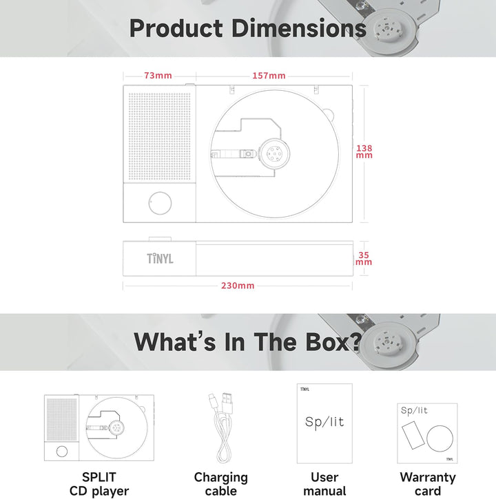 Tinyl Split: 3-in-1-CD-Player, abnehmbarer Bluetooth-Lautsprecher und CD-Player, tragbar, wiederaufl