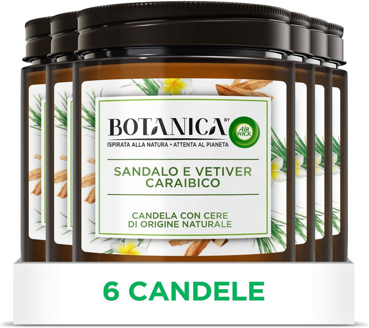 Airwick Botanica Kerze mit Wachs aus natürlichem Ursprung, 6 Duftkerzen à 250 g mit Duft von Sandale