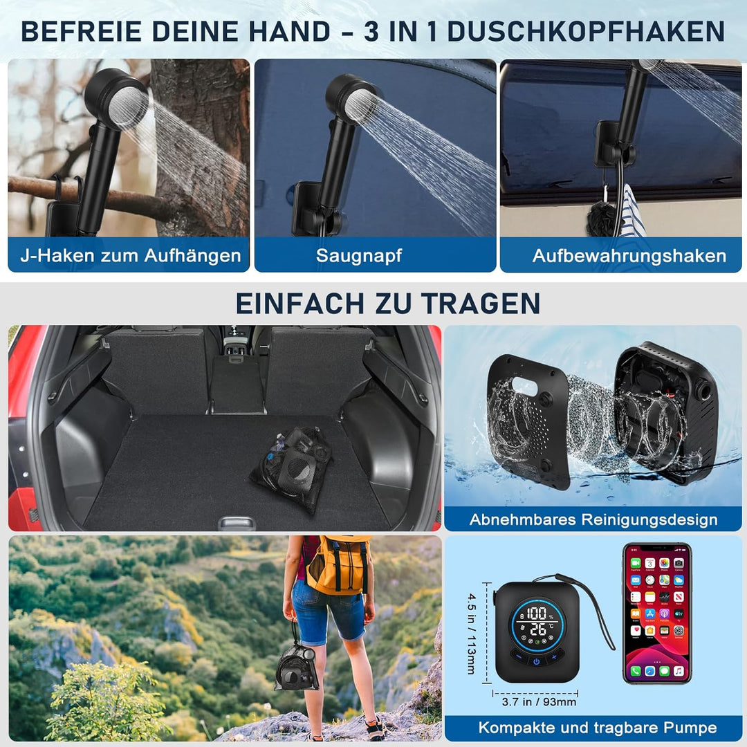 Spopal Camping Dusche, [8000mAh] Campingdusche Tragbare mit Pumpe und Temperaturanzeige, Mobile Dusc