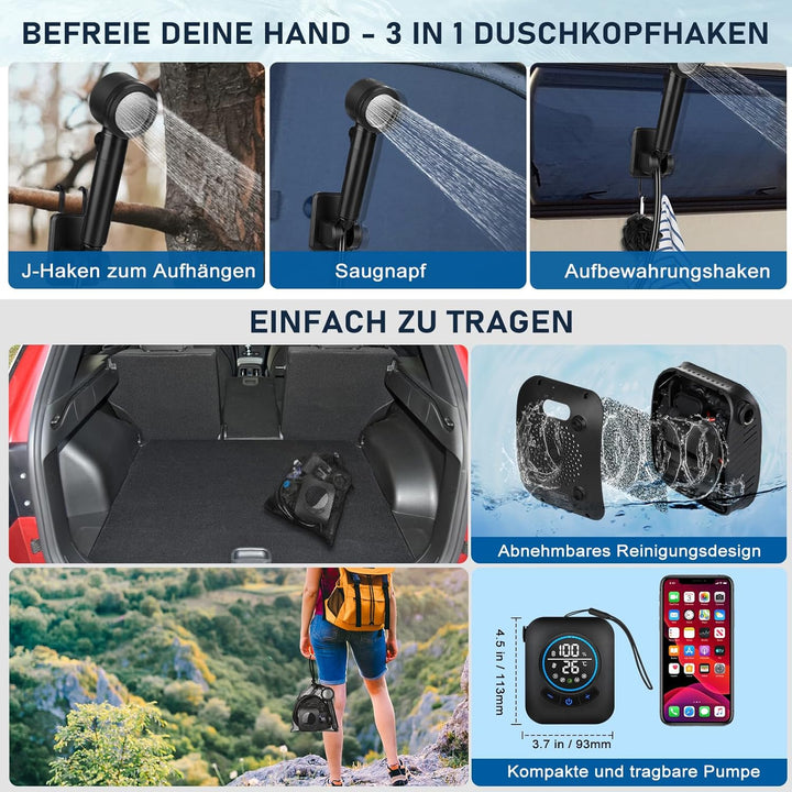 Spopal Camping Dusche, [8000mAh] Campingdusche Tragbare mit Pumpe und Temperaturanzeige, Mobile Dusc