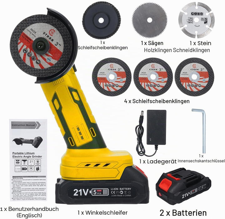 Akku Winkelschleifer, Mini Bürstenloser Winkelschleifer, | 19000 U/min, 2x2000mAh Akkus mit 7 Schlei
