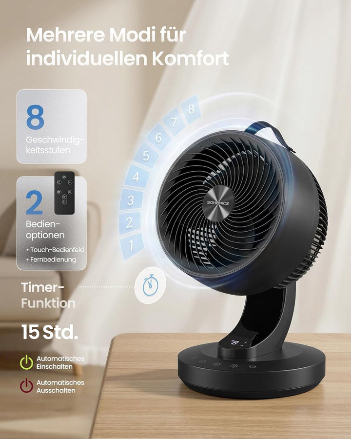 SONGMICS Tischventilator, Ventilator leise 20 dB, Luftzirkulator LED-Display, Fernbedienung, effizie