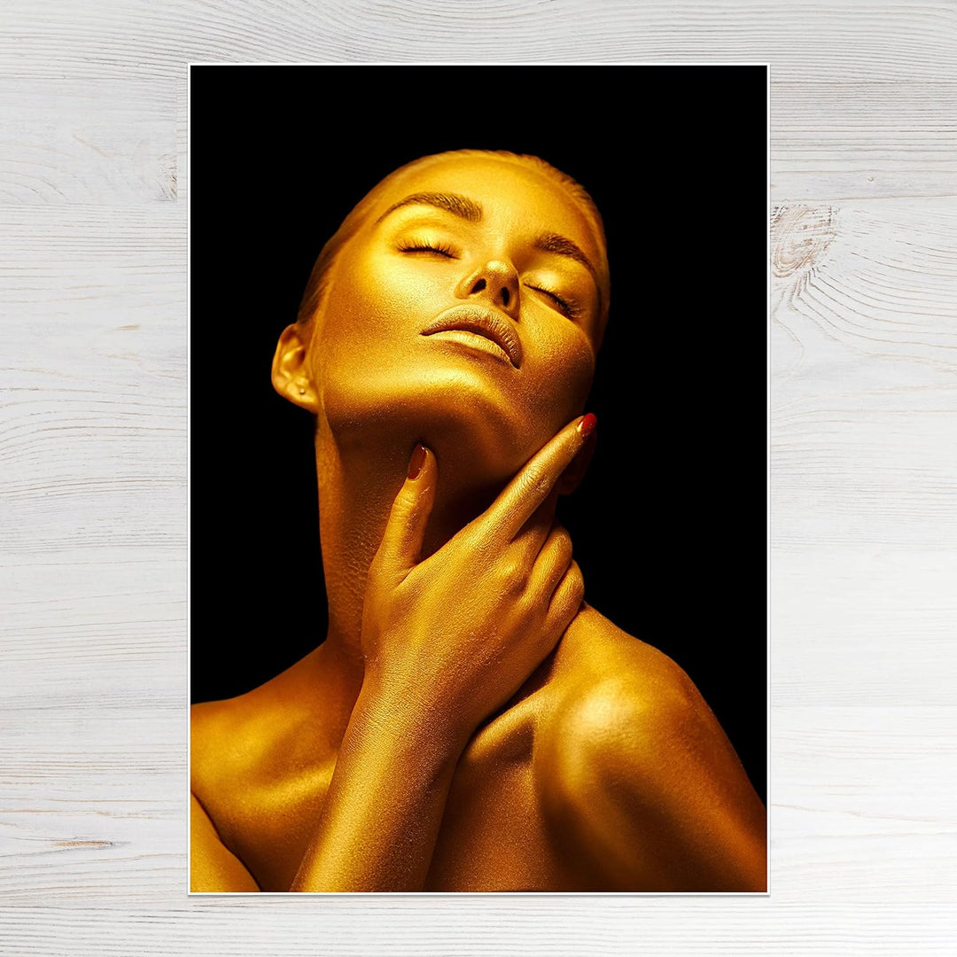 wandmotiv24 Poster als Wanddeko, Grösse 100x70cm, Gold Collection, Frau in Gold, rote Nägel, Edel, G