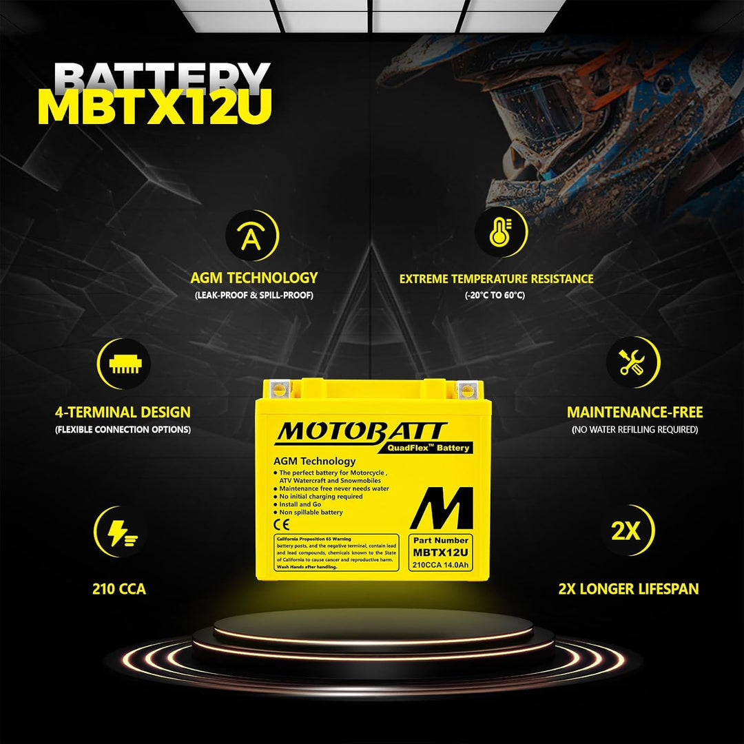 MotoBatt MBTX12U (12V 14 Amp) 200CCA Factory Activated QuadFlex AGM Battery