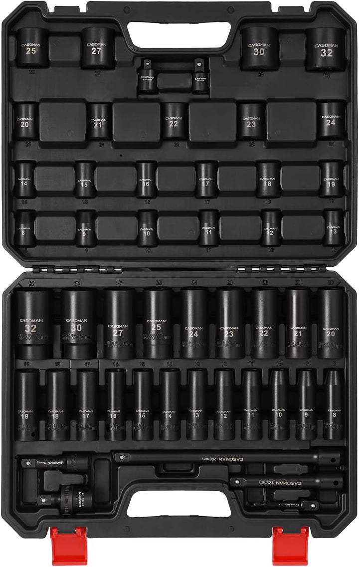 CASOMAN 49PCS 1/2-Inch Drive Impact Socket Set, Deep&Shallow,CR-V, 6 Point, Metric Socket Set, 8mm-3