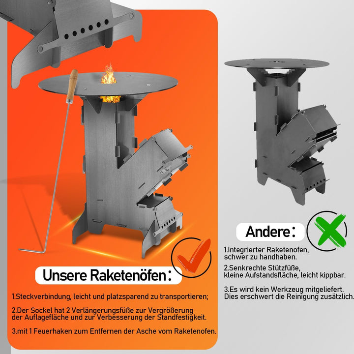 Raketenofen mit Grillplatte gross 5mm, Rocket Stove mit Feuerhaken，Kanonenofen Stecksystem aus massi