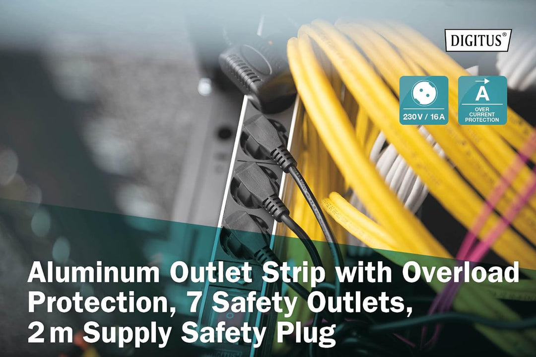 DIGITUS 19" Steckdosenleiste - 7 Abgriffe - 1HE - 250VAC - 50/60Hz - 16A - 4000W - Mit Überlastschut