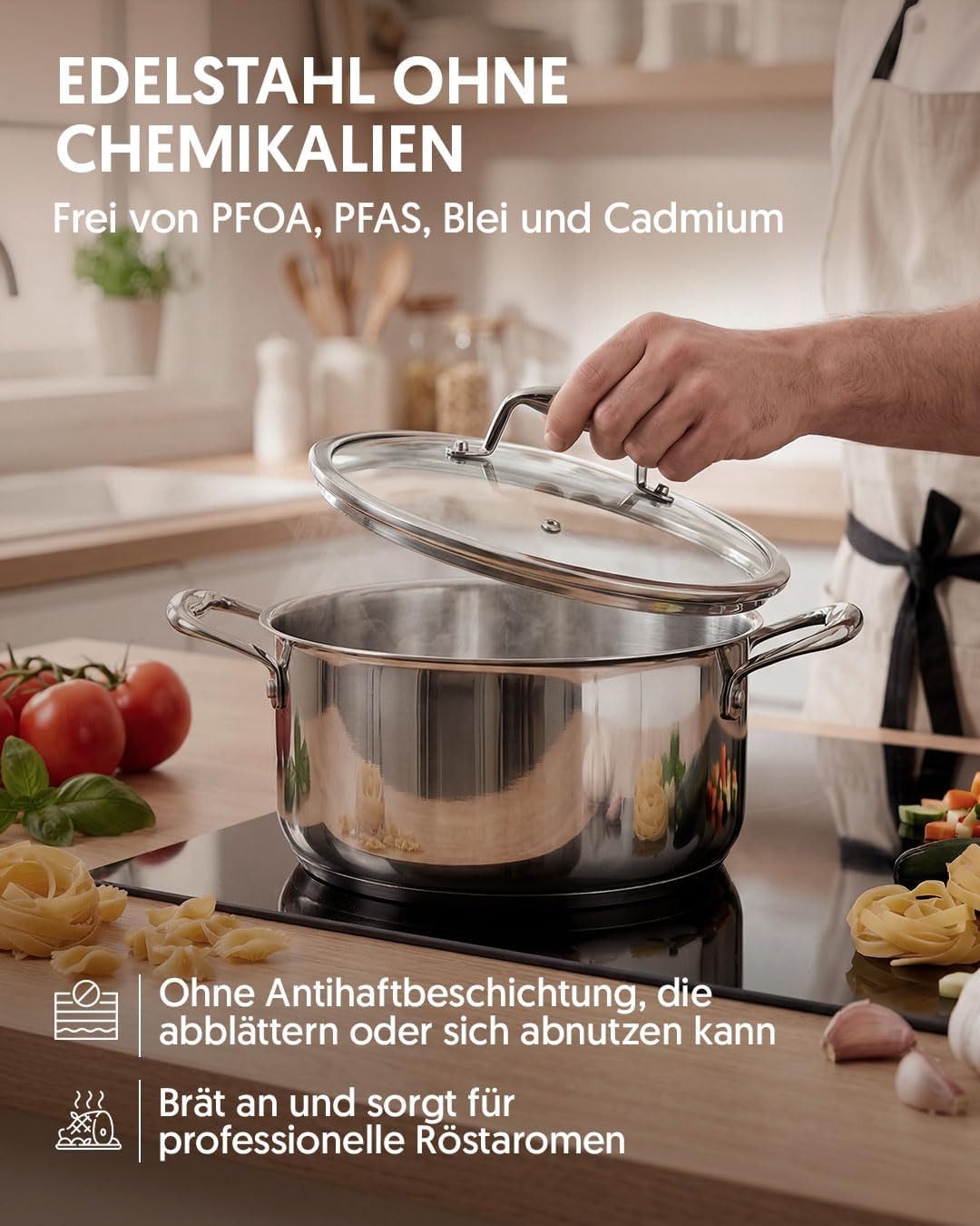 La Moustache - Topf- und Pfannenset 10-teilig aus Edelstahl ohne Beschichtung, 3 Töpfe mit Glasdecke