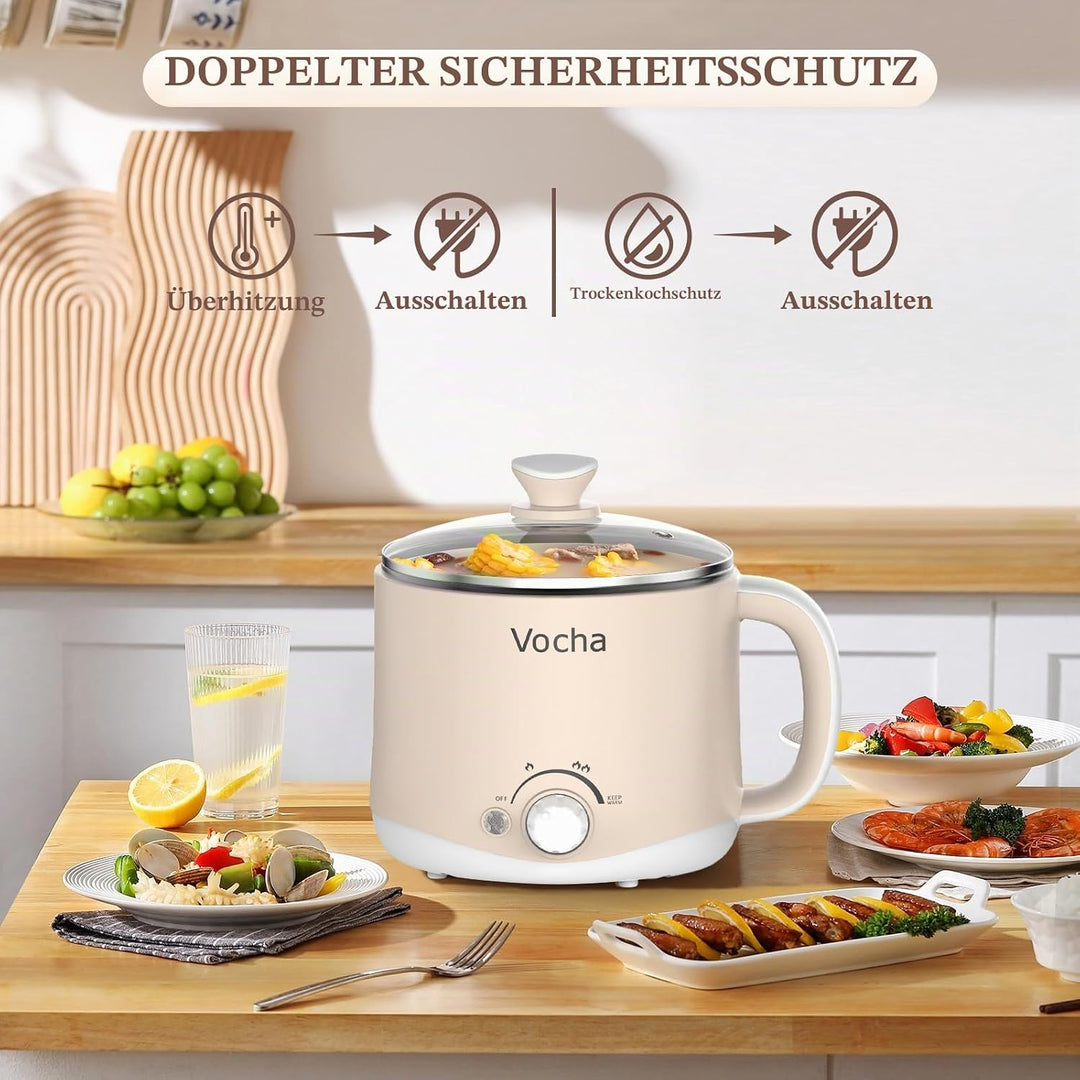 Vocha Elektrischer Hot Pot mit Warmhaltefunktion, 1.6L Antihaft-Elektrische Pfanne, Tragbarer Reisek