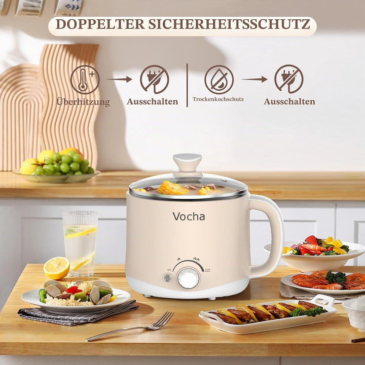 Vocha Elektrischer Hot Pot mit Warmhaltefunktion, 1.6L Antihaft-Elektrische Pfanne, Tragbarer Reisek