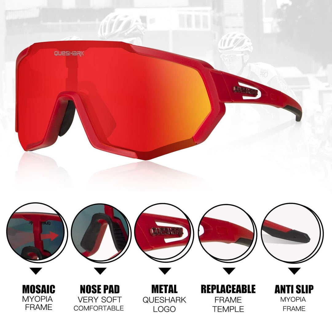 Queshark Sportbrillen Fahrrad Brillen Damen Herren Polarisierte UV400 Schutz mit 5 Wechselgläser Rad