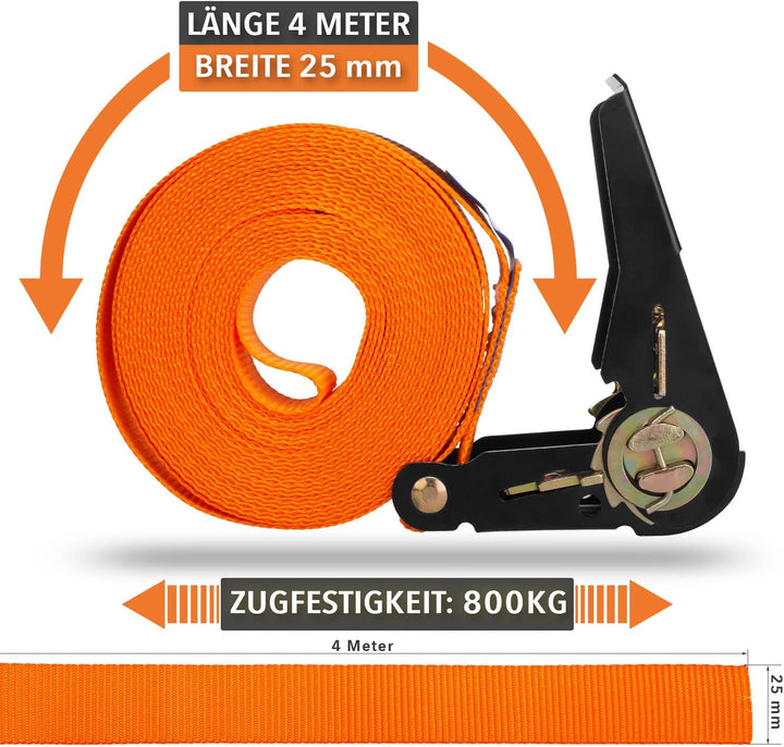Alubox Spanngurt mit Ratsche 25mm breit orange Belastbarkeit 800kg Ratschengurt TÜV G/S geprüft - Lä