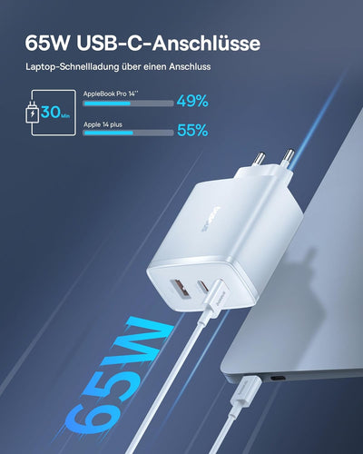 Baseus USB C Ladegerät, 65W USB C Netzteil 3-Port PD Ladegerät mit PPS, GaN Schnellladegerät kompati