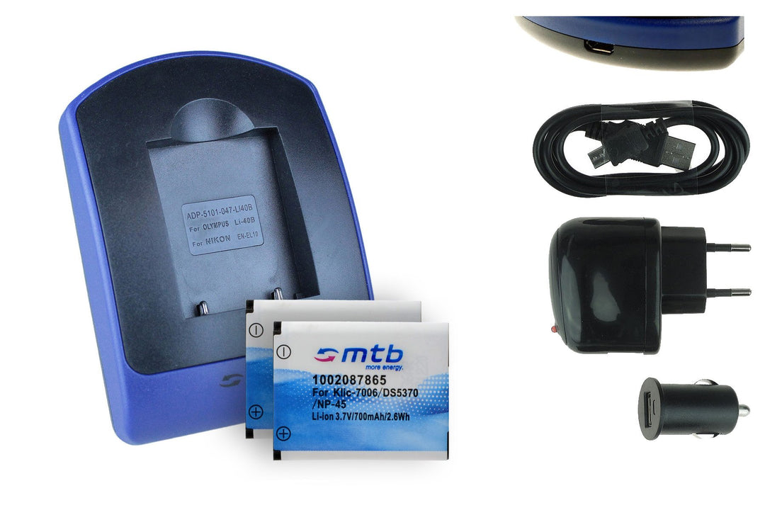 2 Akkus + Ladegerät (USB, KFZ, Netz) für Kodak KLIC-7006 / Easyshare M550, M552, M565, M575, M577...