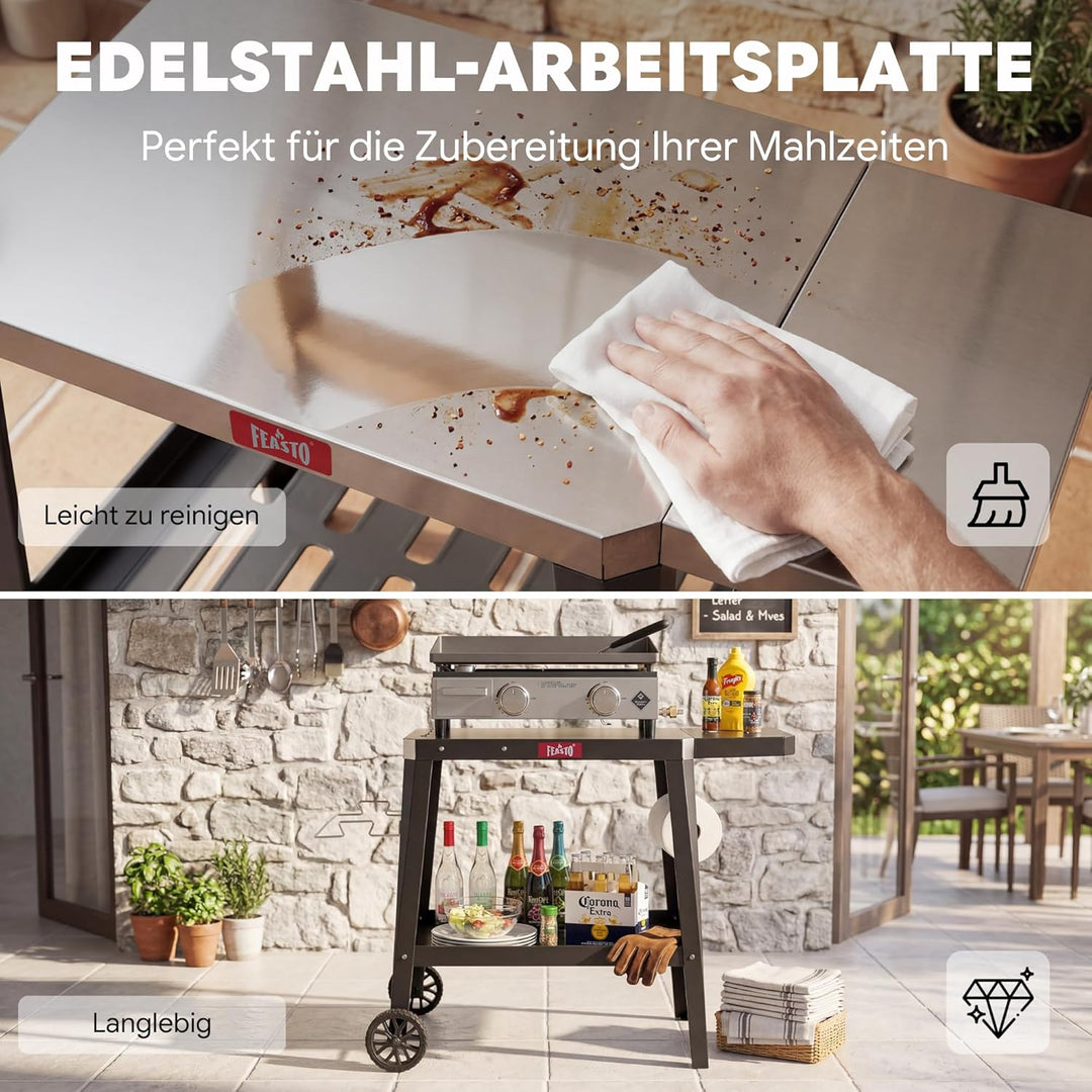 Feasto Grillwagen mit Klappbarem Beistelltisch, Grilltisch mit Rollen, Servierwagen Outdoor für Gart