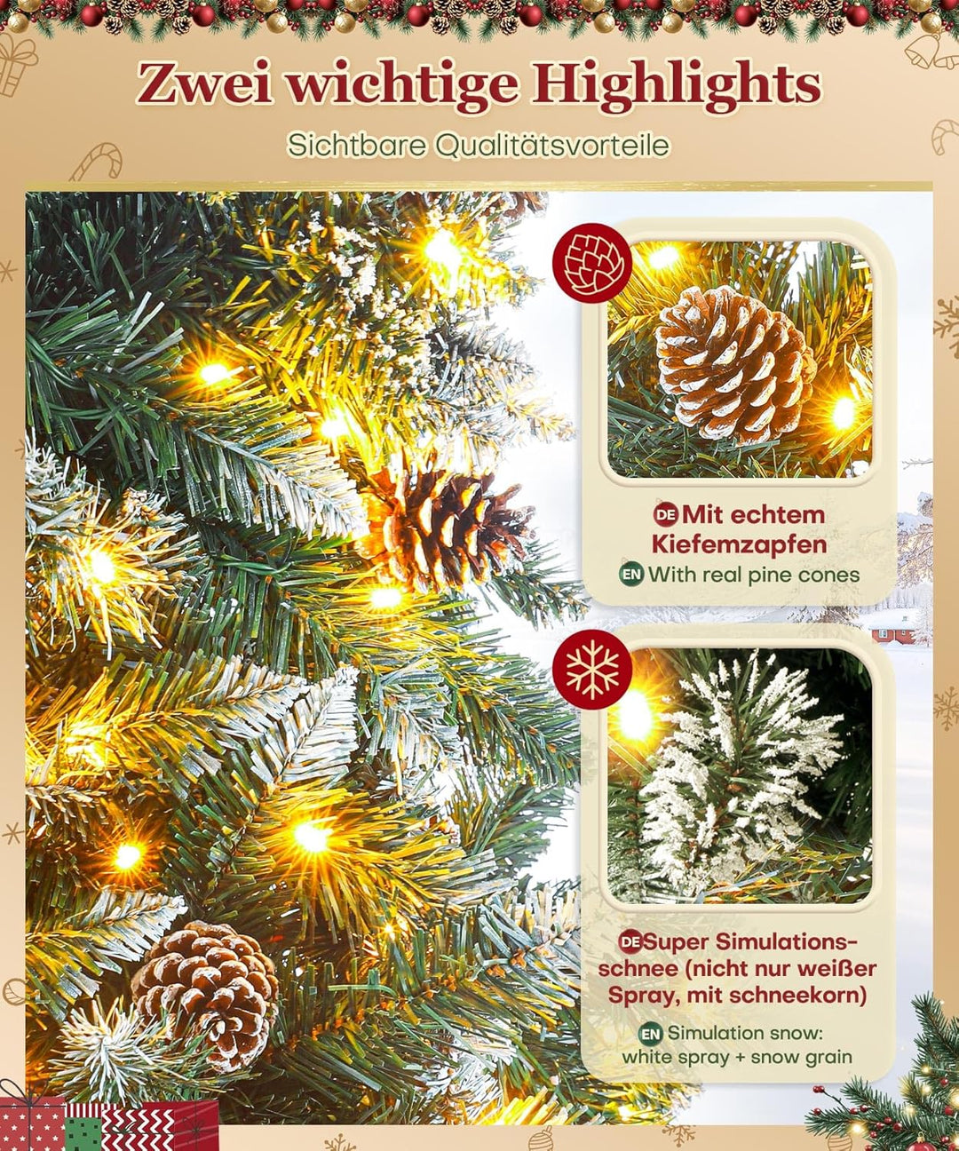 Yorbay künstlicher Weihnachtsbaum mit Beleuchtung weiss Schnee LED Tannenbaum für Weihnachten-Dekora