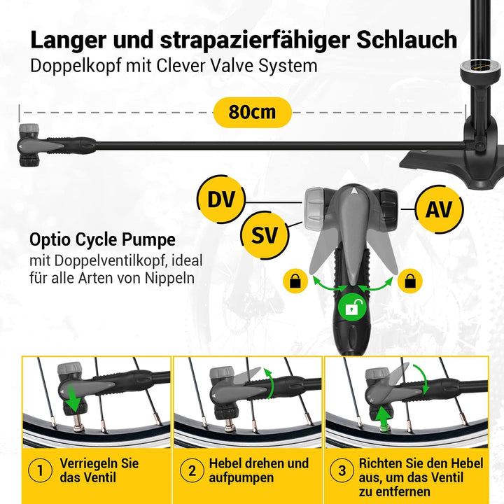 Optio Cycle Fahrradpumpe für alle Ventile Luftpumpe für Fahrrad Standpumpe mit Grossem Manometer bis