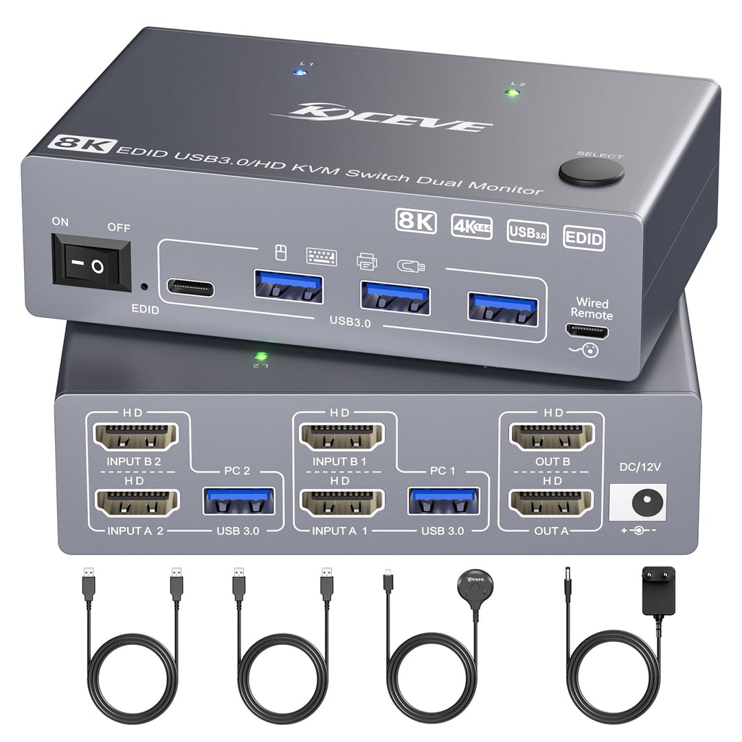 USB 3.0 HDMI KVM Switch 2 PC 2 Monitore mit EDID, 8K@60Hz & 4K@144Hz, Dual Monitor KVM Switch Share