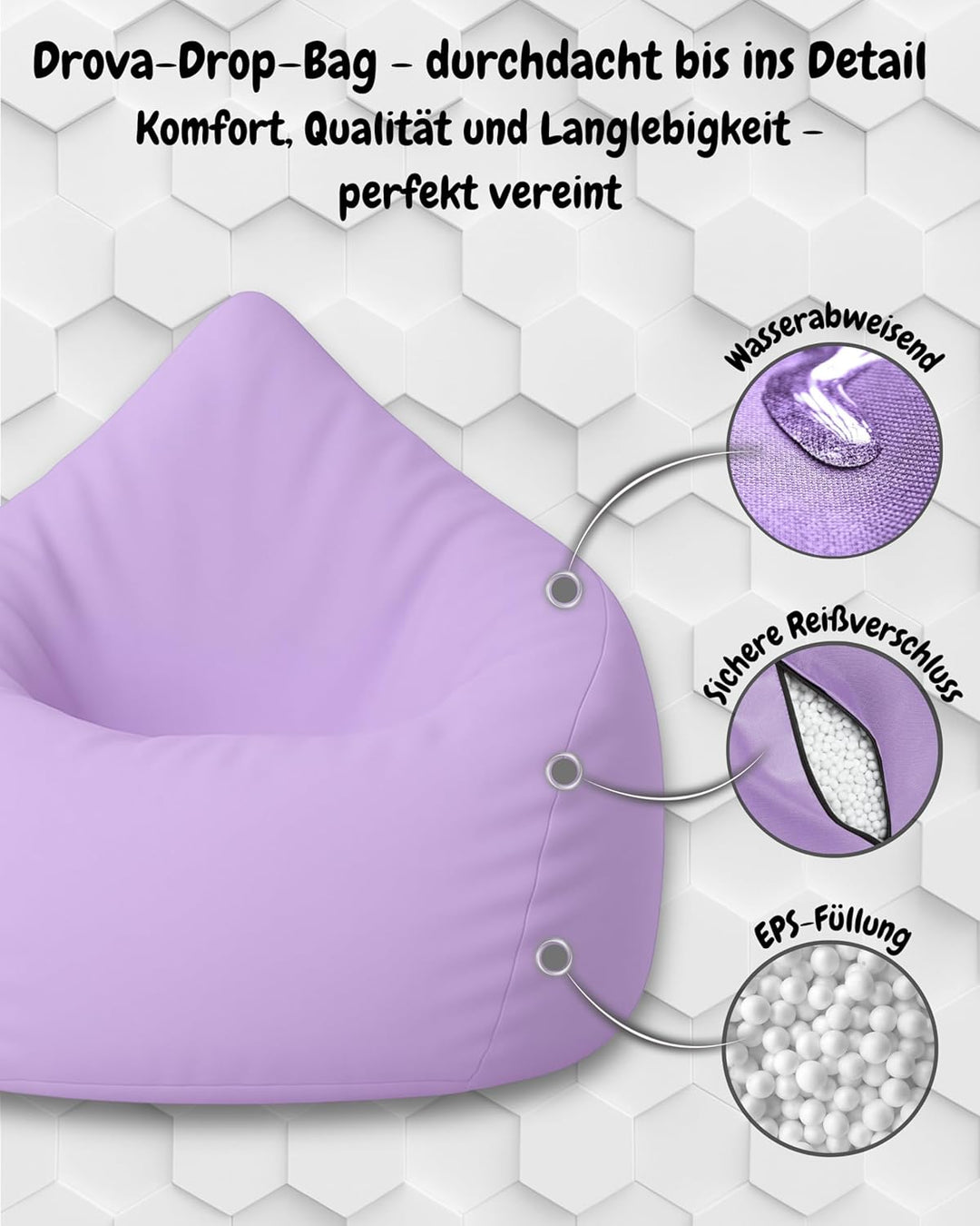 PATCH HOME Patchhome Sitzsack Tropfenform mit Reissverschluss Nachfüllbar - für In &amp; Outdoor - mit S