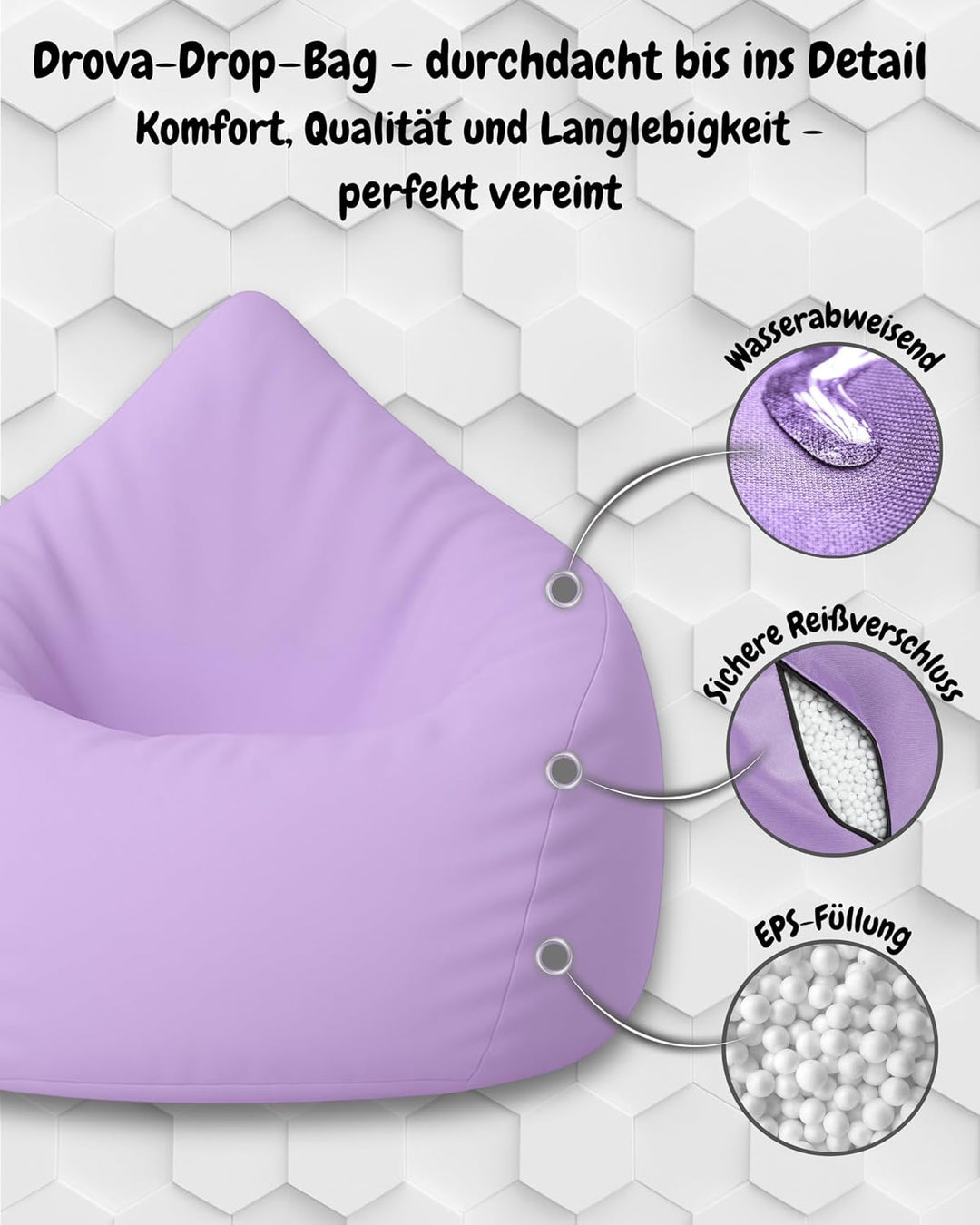 PATCH HOME Patchhome Sitzsack Tropfenform mit Reissverschluss Nachfüllbar - für In &amp; Outdoor - mit S