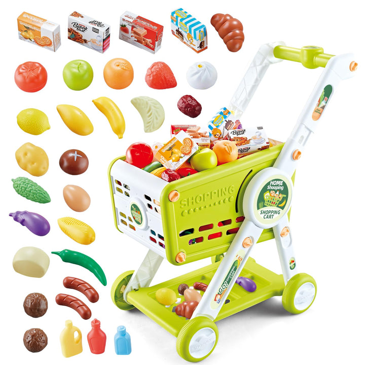 Supermarkt Einkaufswagen für Kinder, 31PCS Einkaufswagen Spielzeug mit Obst Gemüse Kaufladen Zubehör