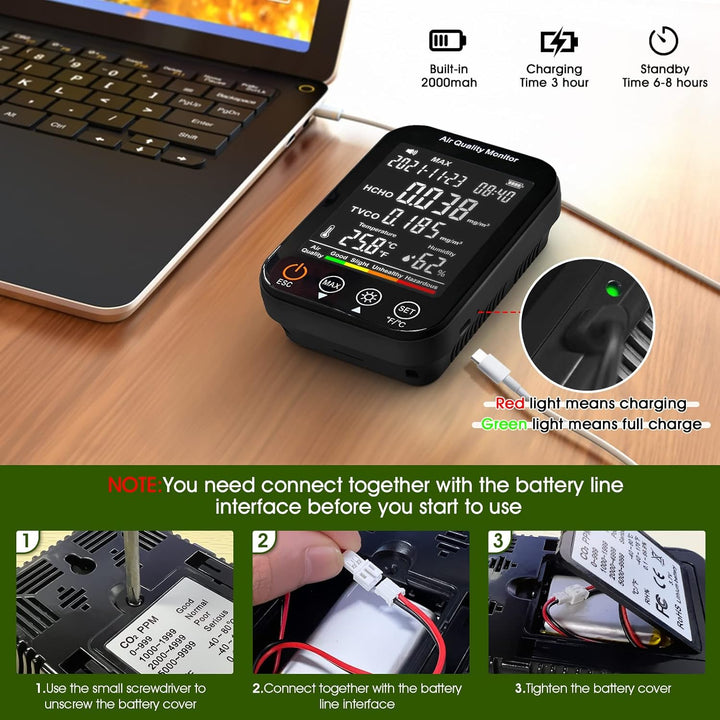 Formaldehyd Detektor, Feuchtigkeit Temperatur Luftqualitätsmonitor für HCHO/TVOC, 4 in1 Raumluftvers