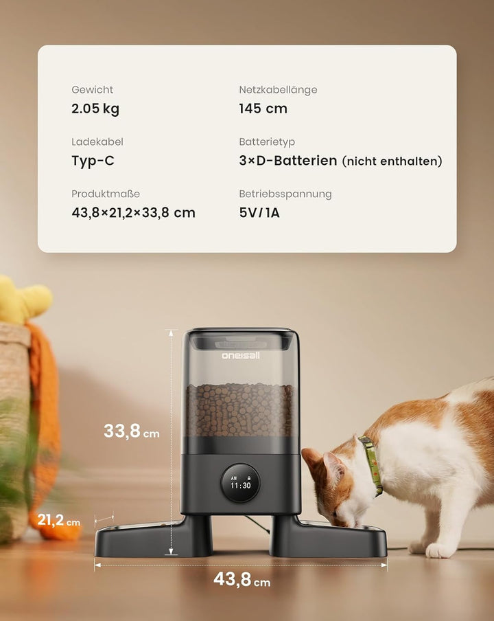 oneisall 5L Futterautomat Katzen 2 Näpfe, Katzenfutter Automat Kabellos mit 304 Edelstahlnapf, 1-6 M