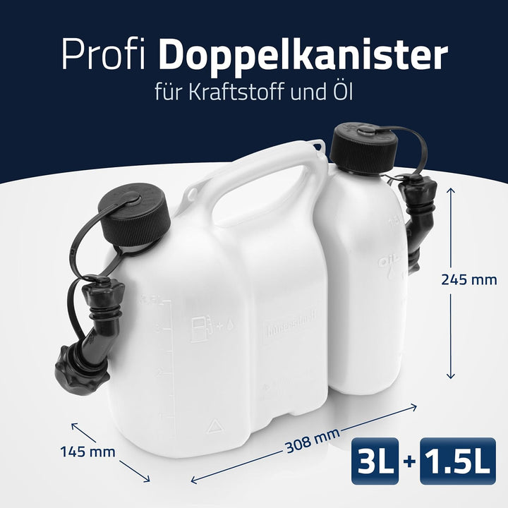 hünersdorff Doppelkanister/Kombikanister für Kraftstoff und Öl mit 2 Ablaufschläuchen, 3+1,5 Liter,