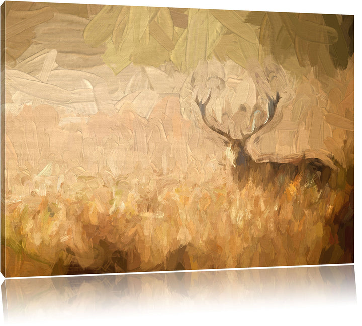 Pixxprint Rotwild Hirsch im Nebel Kunst Pinsel Effekt, Format: 100x70 auf Leinwand, 100x70