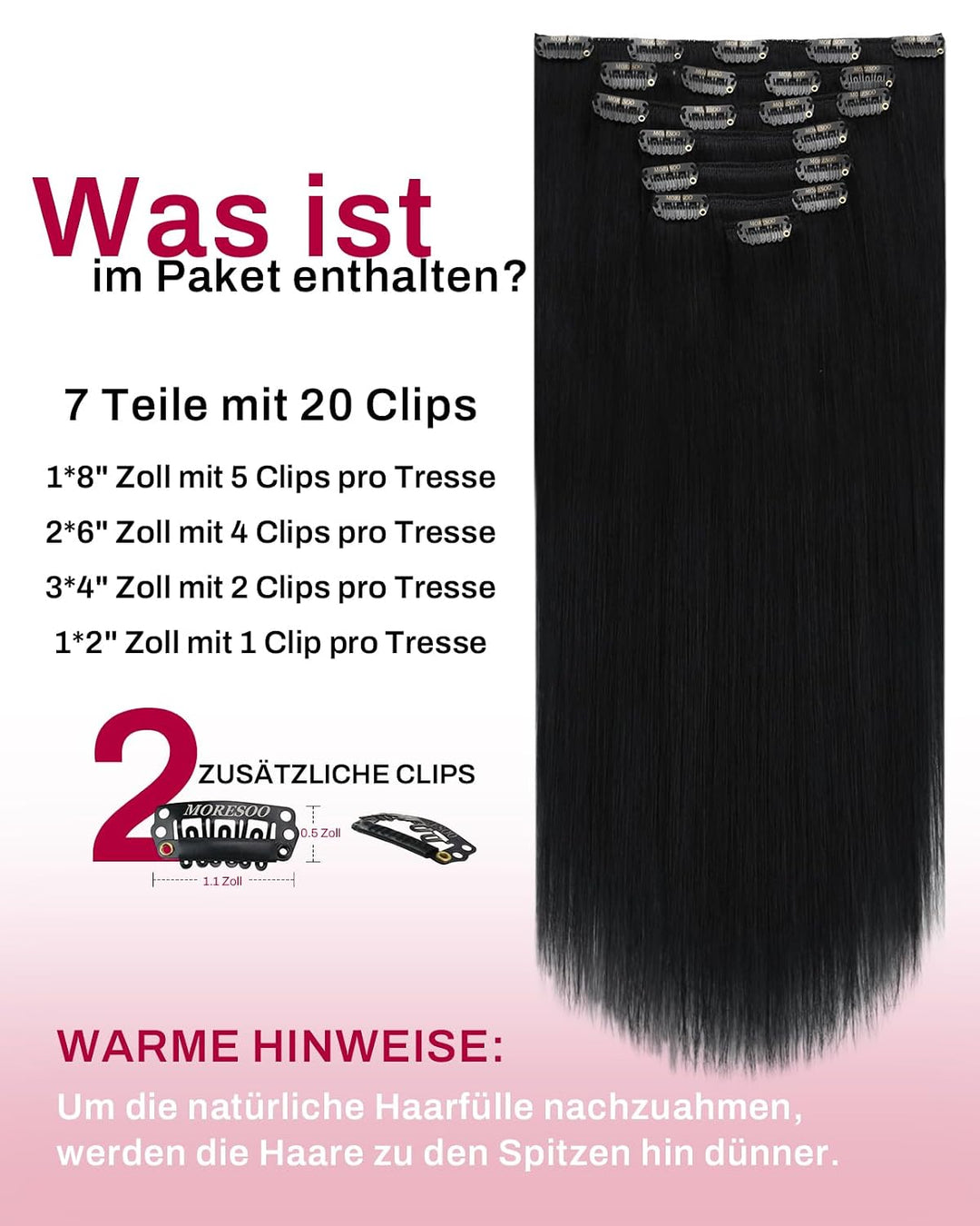 Moresoo Clip in Extensions Schwarz Remy Echthaar Extensions Clip in Haarverlängerung Doppelt Tressen