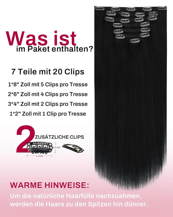 Moresoo Clip in Extensions Schwarz Remy Echthaar Extensions Clip in Haarverlängerung Doppelt Tressen