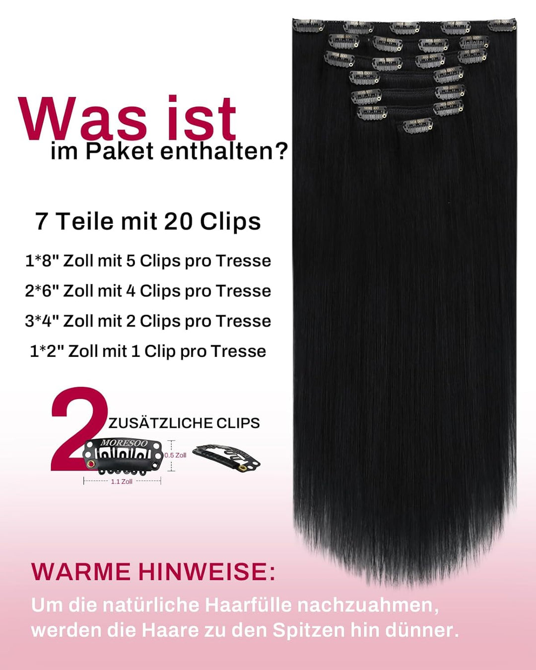 Moresoo Clip in Extensions Echthaar Schwarz Remy Echthaar Clip Schwarz 45cm Menschliches Haarverläng